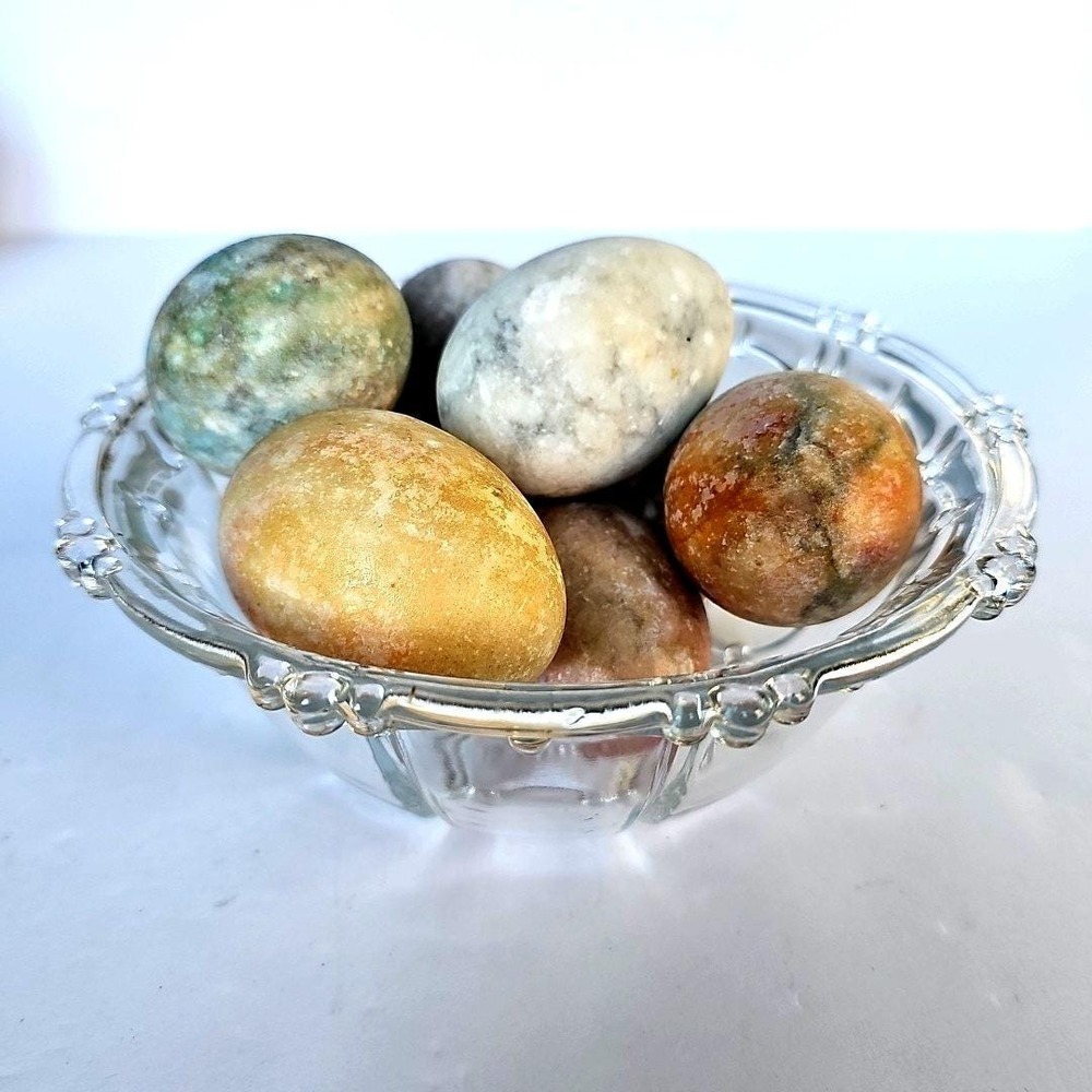Vintage Alabaster Stone Eggs‎ Multi Color Hand Carved Marble Easter Decor Set 6